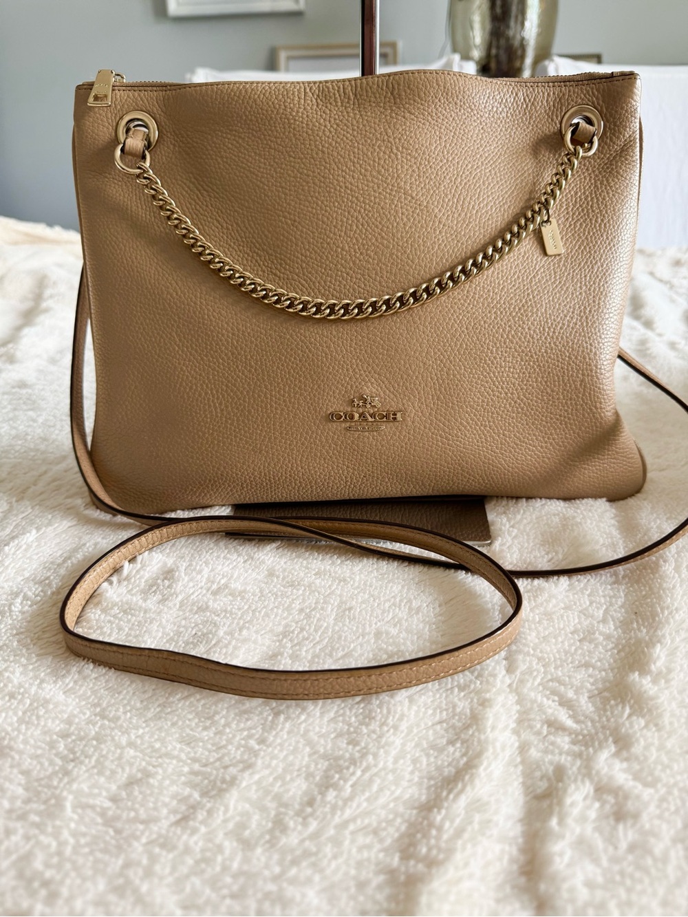 Coach Pebbled Leather Crossbody Bag in Camel with Gold Chain